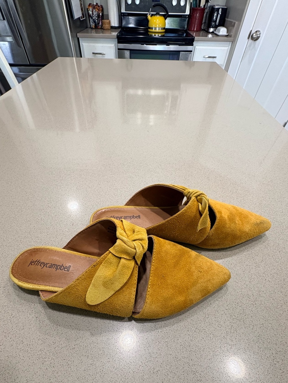 Jeffrey Campbell Mustard Yellow Suede Pointed Toe Knot Mules